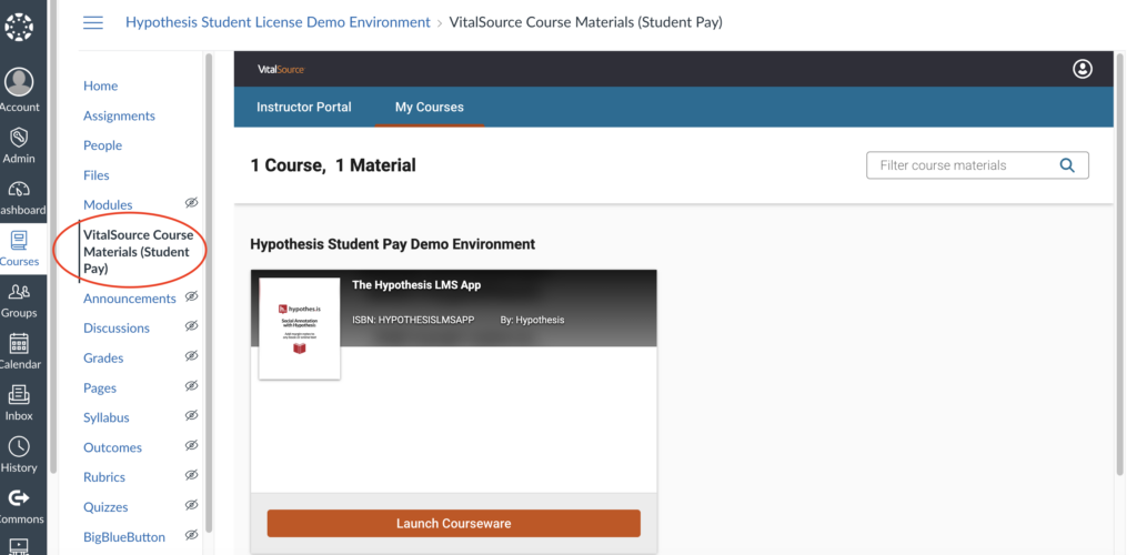 Canvas LMS showing the Course Materials link in the navigation pane